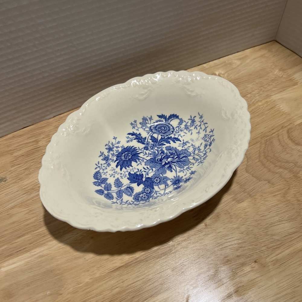 Taylor Smith & Taylor OVAL Transferware Serving Bowl Blue 1940s Flowers